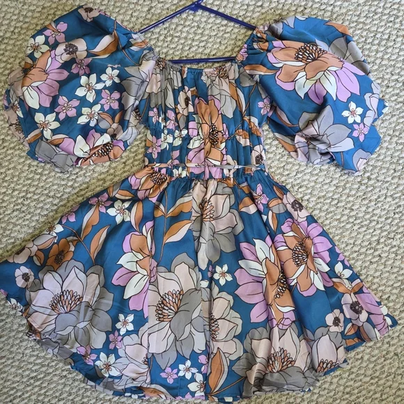 Floral Off-Shoulder Dress in Blue and Pink - Picture 8 of 9